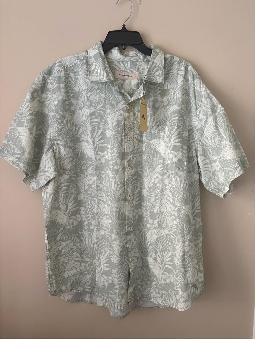 Tommy Bahama Light Sage and White Tropical Print Cotton Shirt Sz. XL New